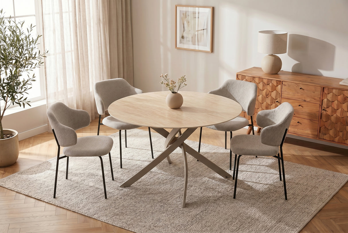 Dining table ALPINE Ø 120cm round travertine ceramic champagne greige
