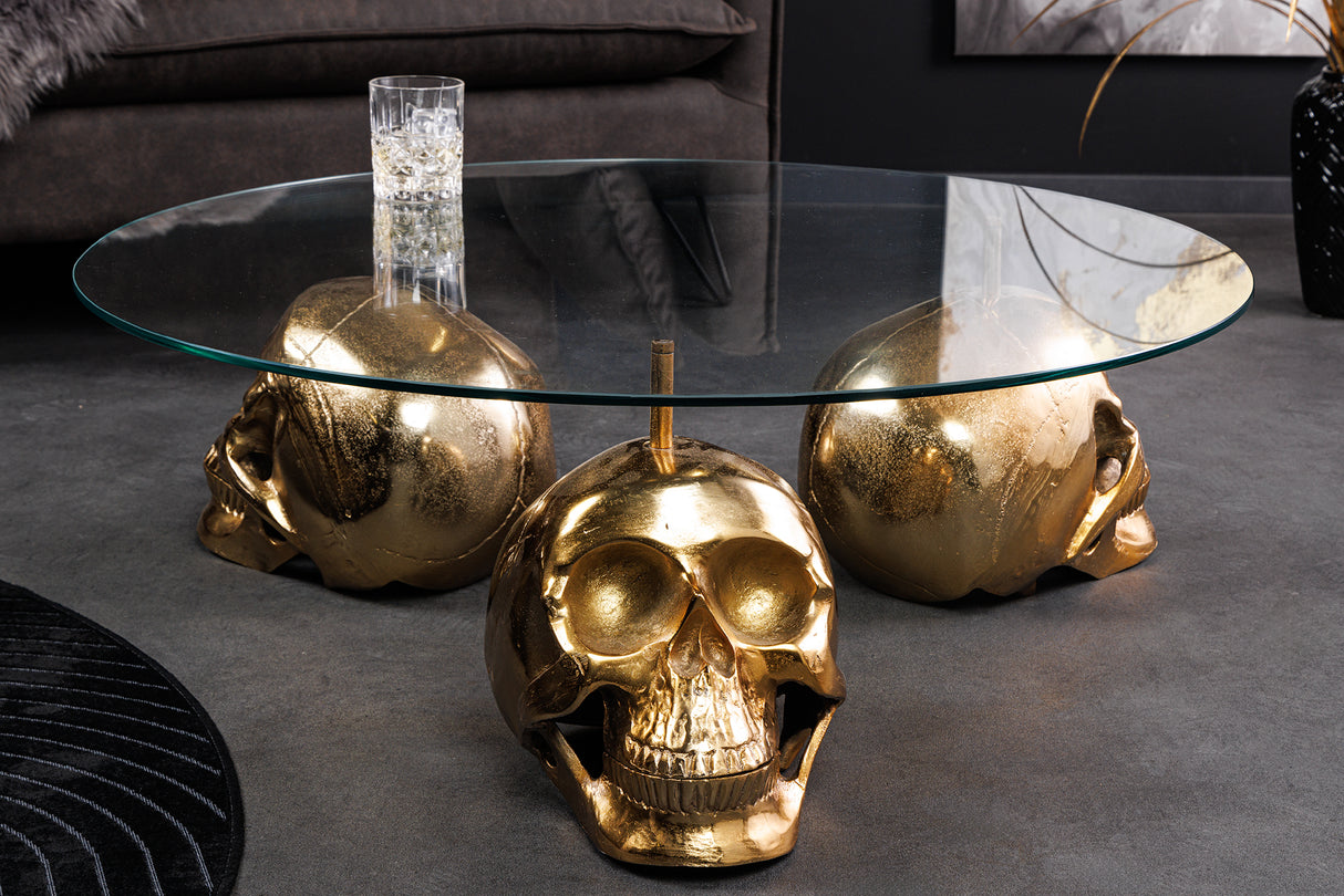 Coffee table SKULL 90cm gold 8mm tempered glass