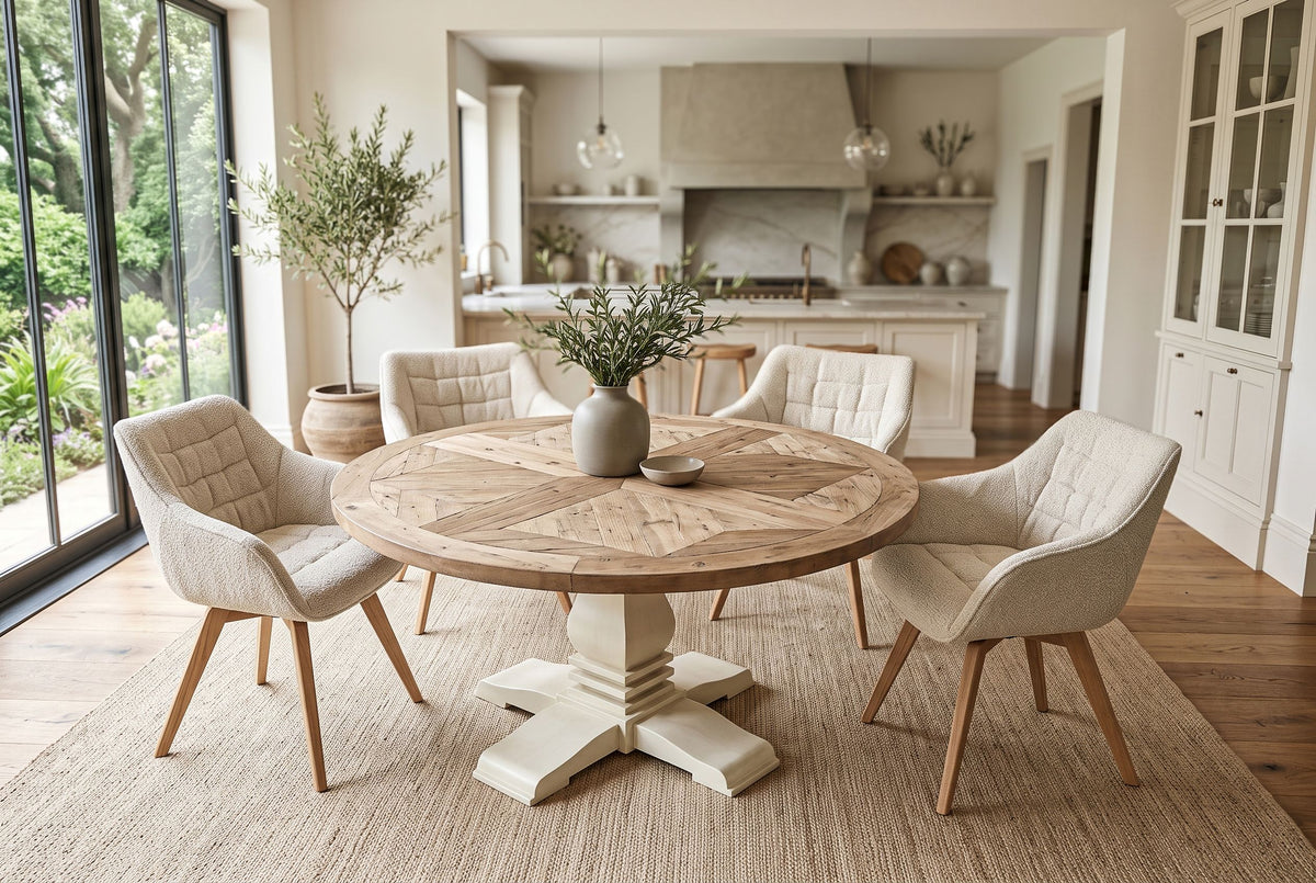Esstisch HAMPTONS 120cm rund recyceltes Kiefernholz hellbraun cremefarben