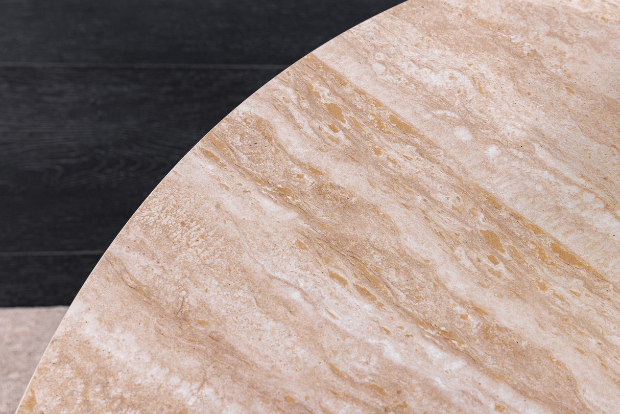 Couchtisch DANCING RINGS 80-135cm drehbare Keramikplatte Naturtravertin und Rostoptik