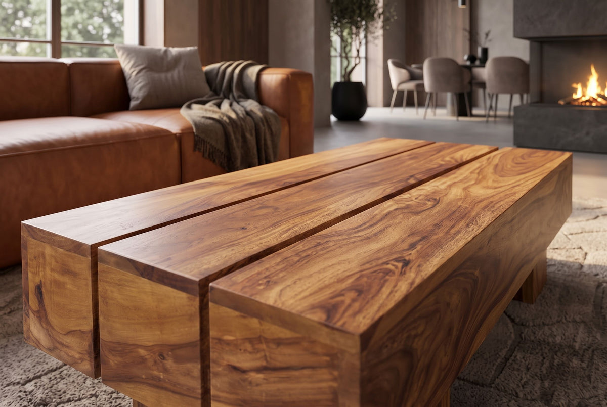 Coffee table BOLT 100cm sheesham wood brown stone finish