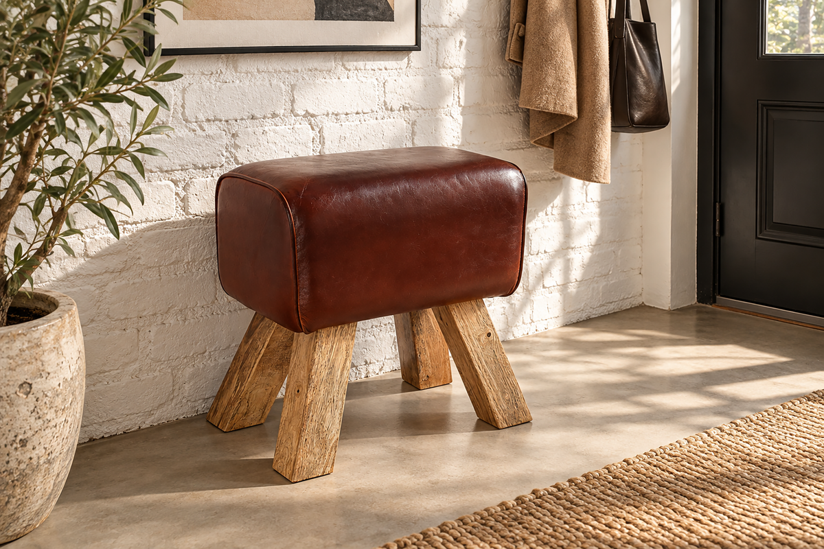 Stool TURNBOCK 40cm upholstered seat mango wood natural genuine leather coffee brown