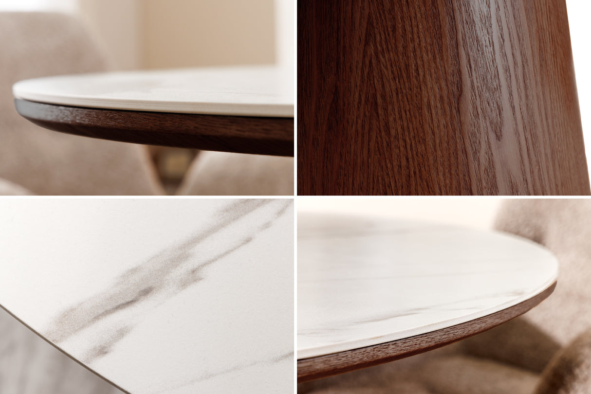Dining table UNIQUE 120cm round walnut wood verneered ceramic white marble top