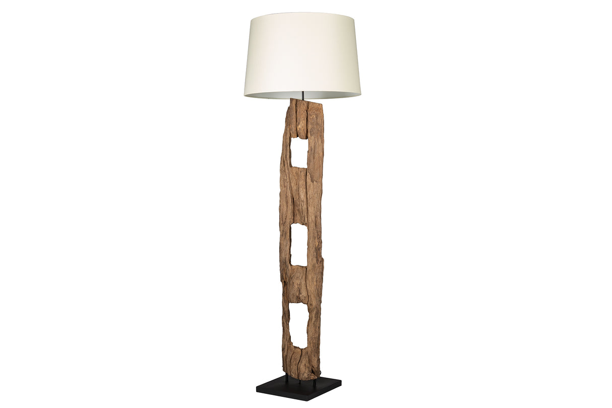 Stehleuchte BARRACUDA 177cm recyceltes Akazienholz mit Baumwollschirm beige