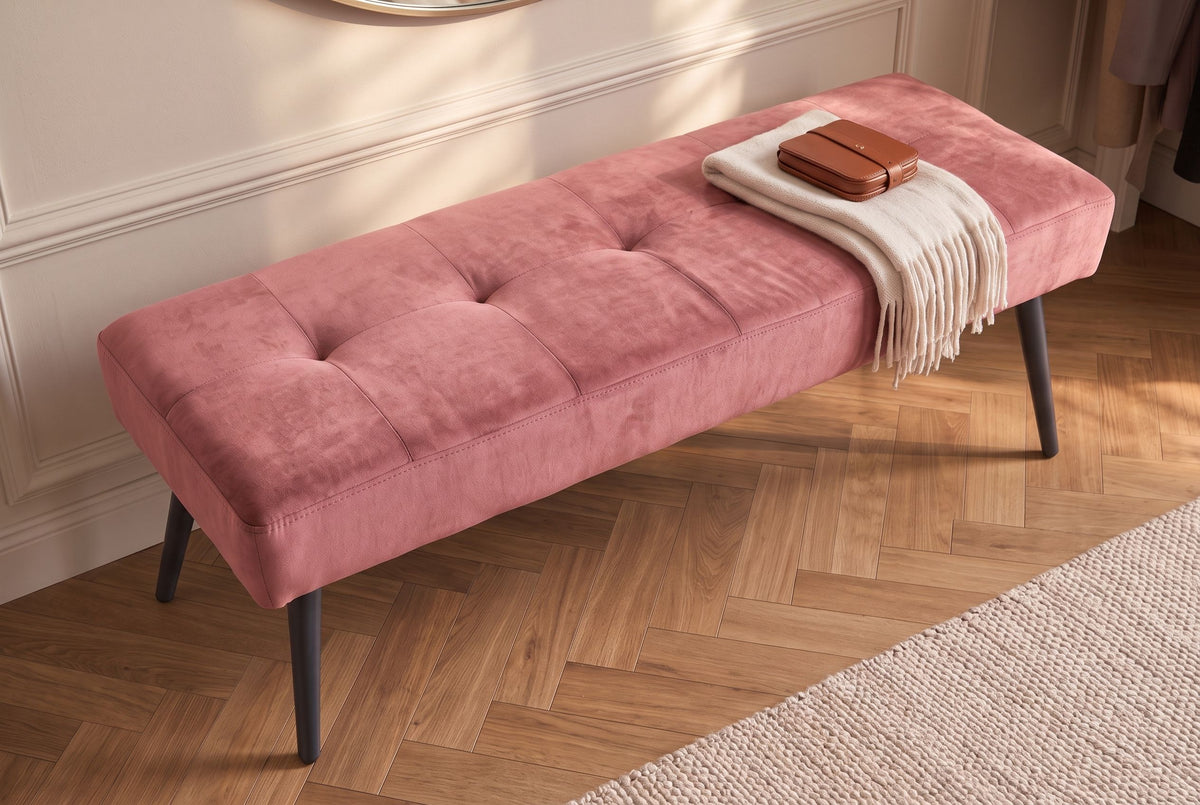 Bench BOUTIQUE 100cm button tufted look velvet dusky pink w/ black metal legs