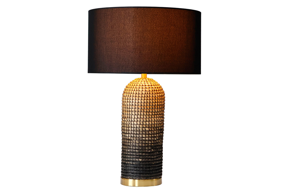 Tischleuchte ZEA 60cm Farbverlauf Seegras natur braun gold mit Lampenschirm grobes Leinen schwarz