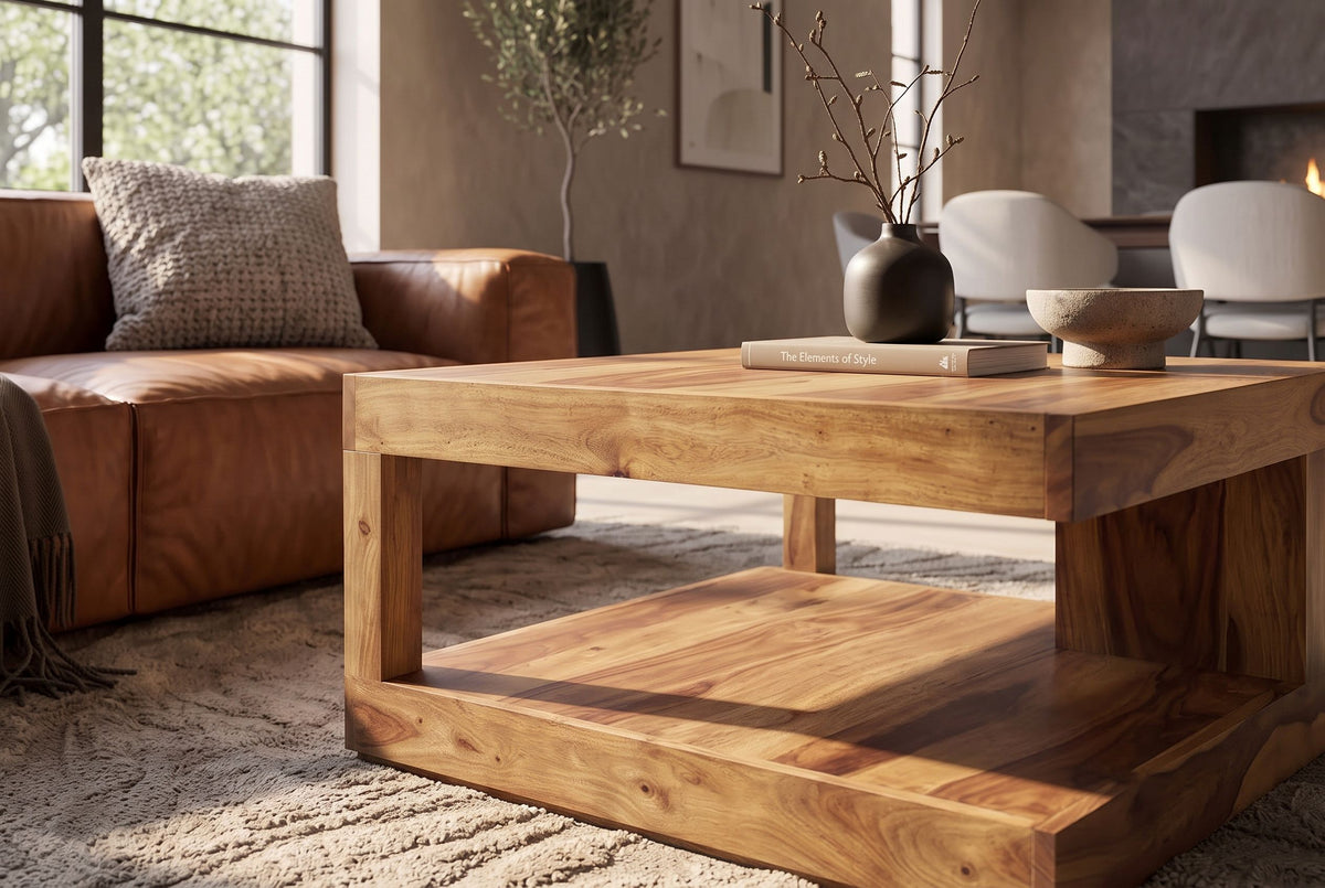 Coffee table GIANT L 80x80cm w/ open storage shelf sheesham wood natural stone finish