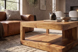 Coffee table GIANT L 80x80cm w/ open storage shelf sheesham wood natural stone finish