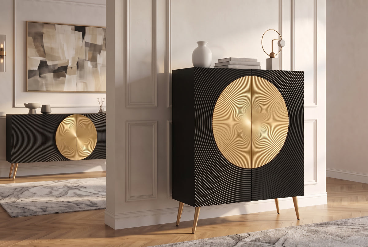 Highboard AURUM 120cm textured front gold circle accent mango wood black gold metal feet