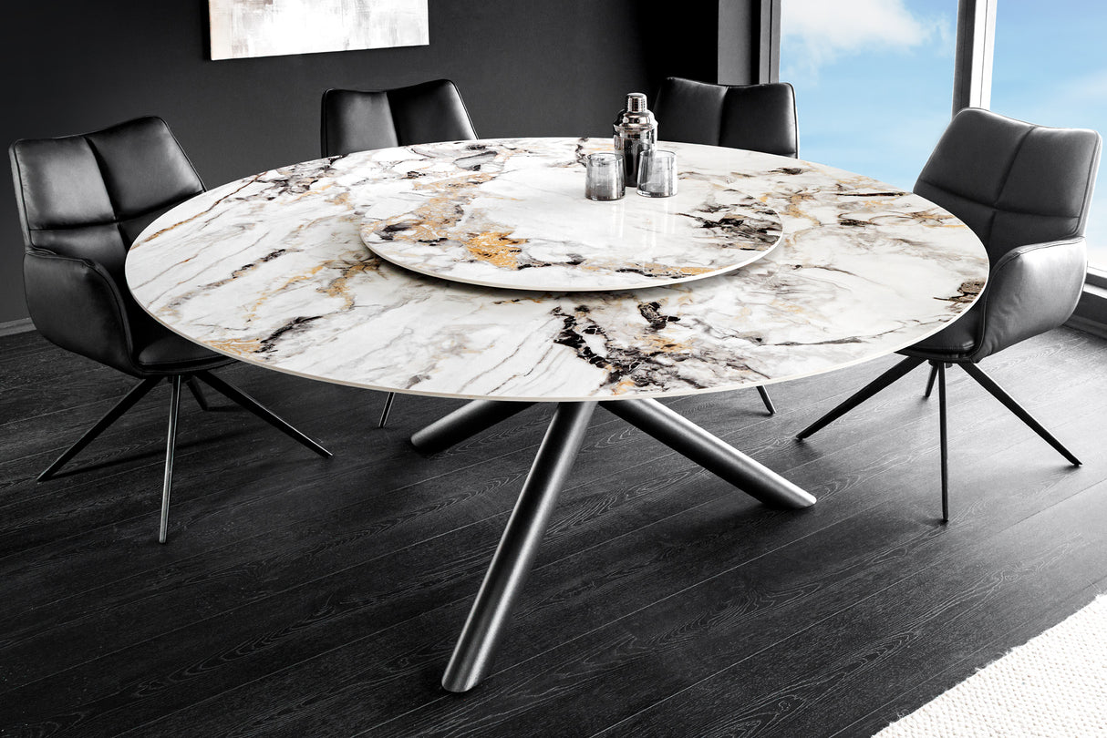 Dining table SPIN Ø 150cm rotatable with removable platter ceramic marble look white multicoloured
