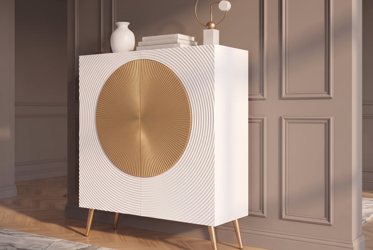 Highboard AURUM 120cm textured front gold circle accent mango wood white gold metal feet