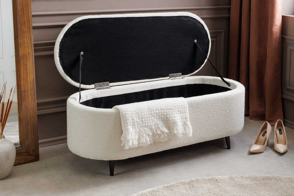 Bench chest VOQUE 110cm bouclé white upholstered w/ storage space bench seat