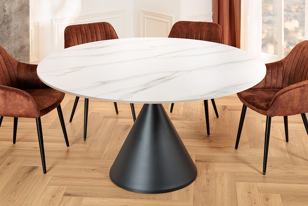 Esstisch SIGNATURE 135 cm, rund, schwarzer Metallrahmen, Keramikplatte aus weißem Marmor
