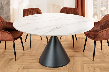 Esstisch SIGNATURE 135 cm, rund, schwarzer Metallrahmen, Keramikplatte aus weißem Marmor
