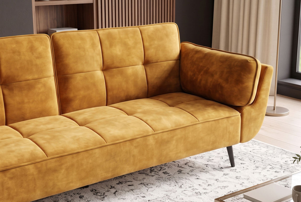 Sofa bed BOUTIQUE 215cm 3-seater w/ armrest cushions square quilting vogue velvet mustard yellow