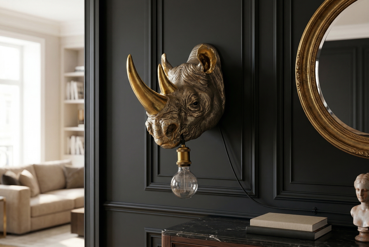 Wandleuchte RHINO 40 cm handgefertigte goldene Nashornskulptur