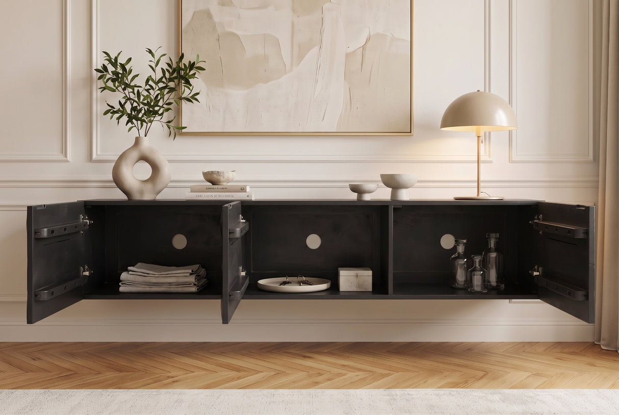 TV-Board VULCANO 160cm 3D hängend mit Kabelloch Mangoholz schwarz