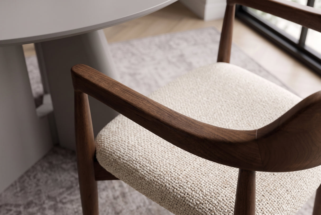 Chair KENNEDY upholstered seat w/ armrests recyled pine wood brown smoke and textured fabric creamy