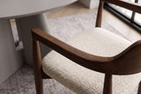Chair KENNEDY upholstered seat w/ armrests recyled pine wood brown smoke and textured fabric creamy