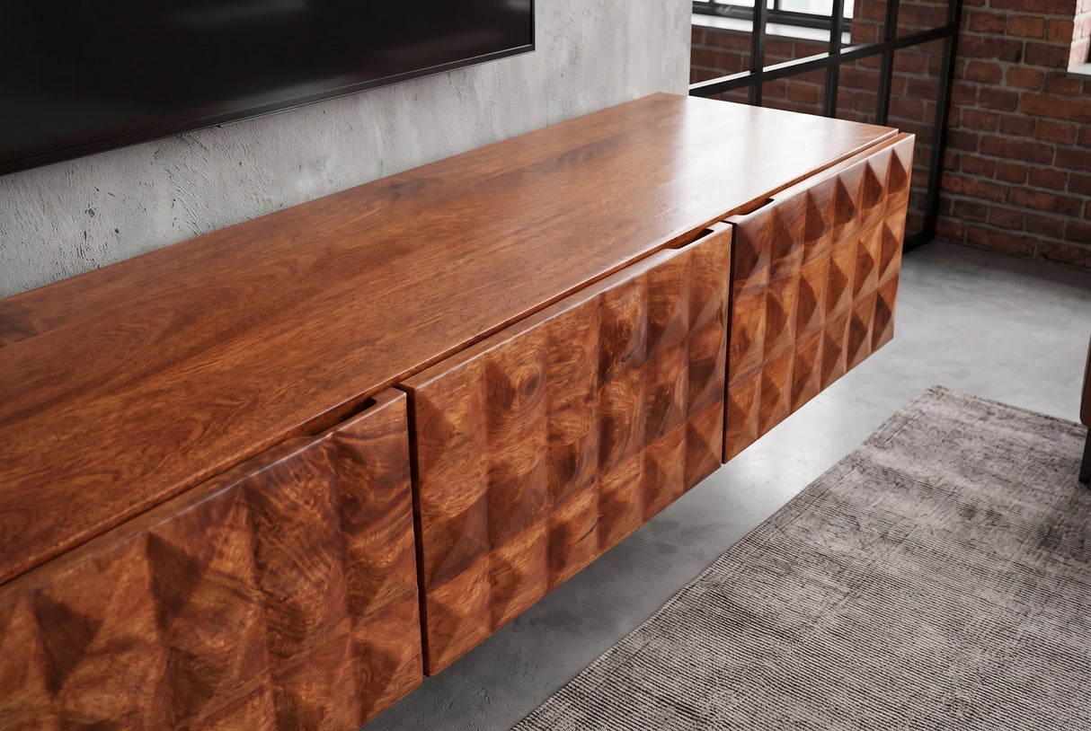 TV-Board VULCANO 160cm 3D hängend m. Kabeldurchlass Mangoholz natur