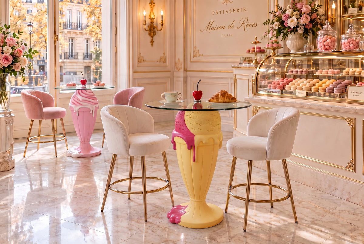 Bistrotisch SUNDAE 75cm pastellgelb mit magnetischer abnehmbarer Kirsche SWEET SOCIETY hauseigenes Design
