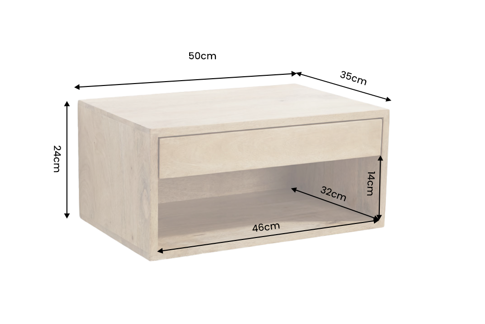Bedside table PURE 50cm hanging mango wood natural cream finish