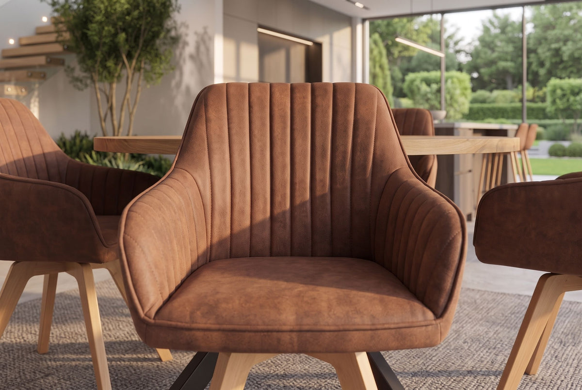 Swivel chair LIVORNO 180° auto-return w/ armrests microfibre vintage brown beech wood frame