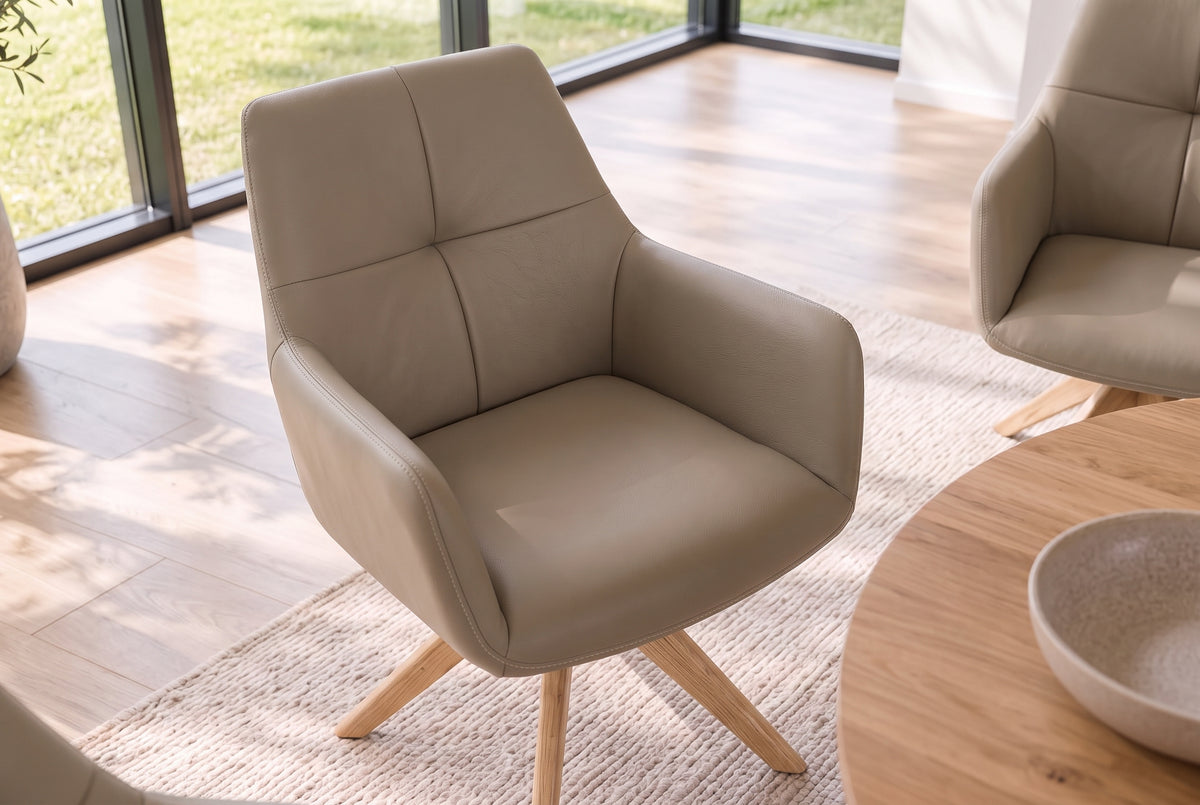 Swivel chair ALMARA 360° auto-return w/ armrests pocket spring core leather taupe oak wood frame