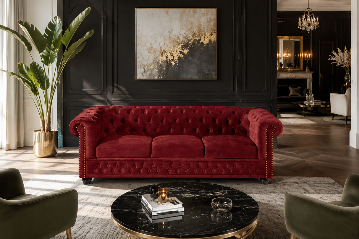 Sofa CHESTERFIELD 205cm 3-Sitzer Samt Rot