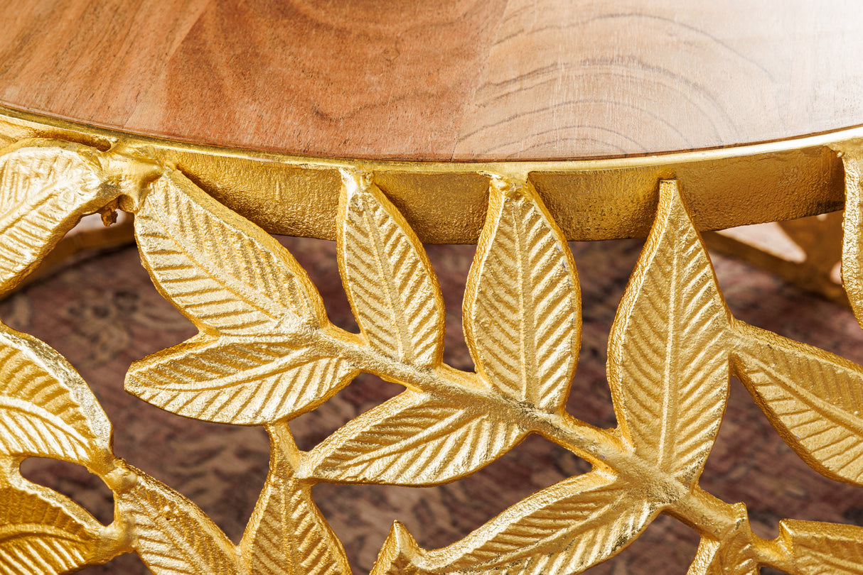 Couchtisch ABSTRACT LEAF 54-68cm 2er Set gold mit Akazienholzplatten