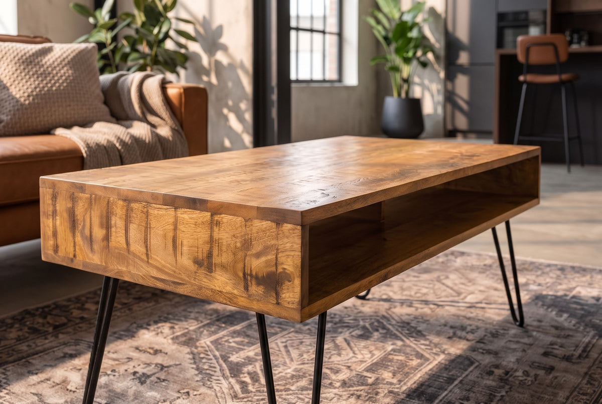 Couchtisch SCORPION 100 cm mit offenen Staufächern Mangoholz natur Haarnadelbeine