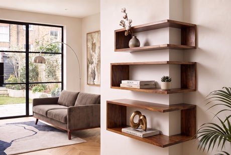 Corner shelf SURREAL 55/60/65cm set of 3 sheesham wood brown stone finish