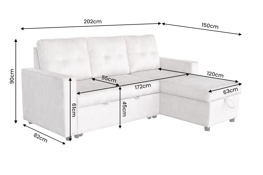 Corner sofa bed APARTMENT 205cm 3-seater w/ ottoman and storage space velvet champagne beige