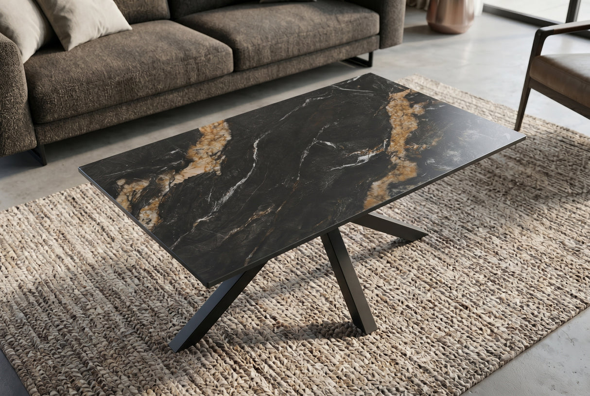 Coffee table GALAXIE 100cm w/ star frame ceramic black gold sand