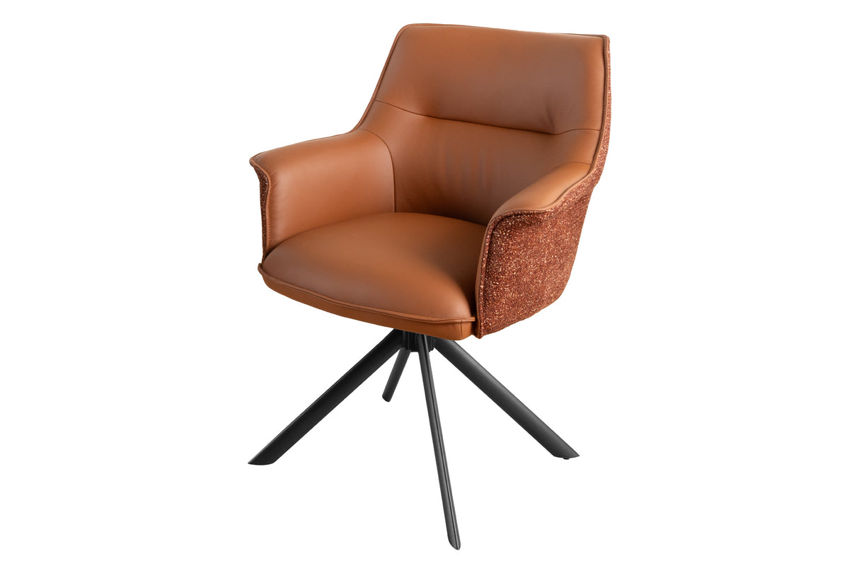 Swivel chair LE GRAND rotatable 180° w/ armrests textured cloth and leather cognac brown