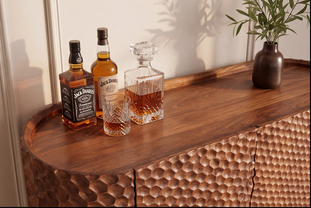 Bar cabinet ADLON 140cm 3D textured front rounded edges mango wood natural w/ wine rack