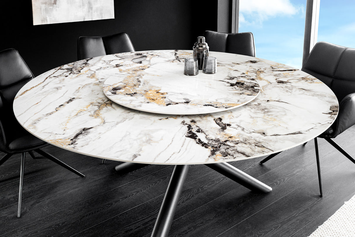 Dining table SPIN Ø 150cm rotatable with removable platter ceramic marble look white multicoloured