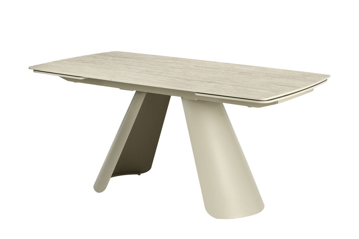 Dining table VOGUE 160-240cm extendable w/ metal frame travertine ceramic top champagne greige beige