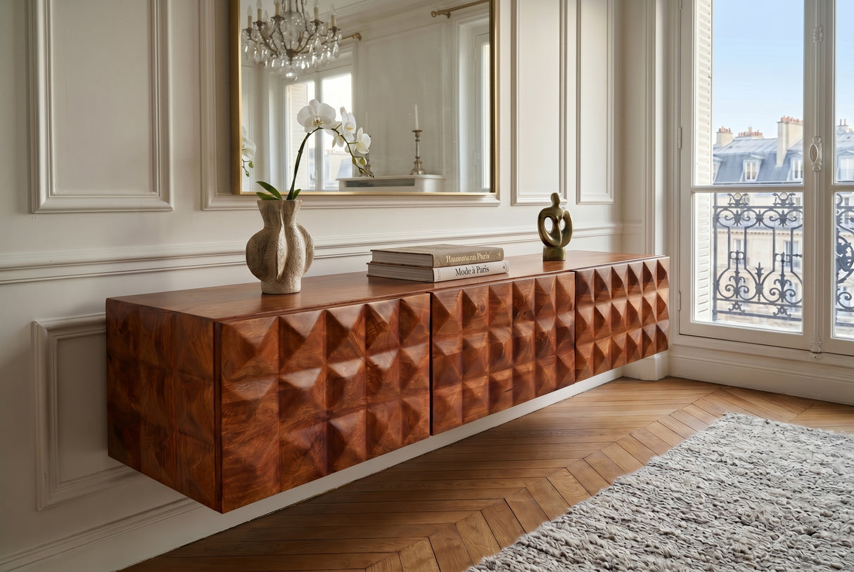TV-Board VULCANO 160cm 3D hängend m. Kabeldurchlass Mangoholz natur