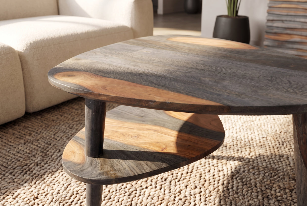 Coffee table ORGANIC LIVING 55cm w/ storage space sheesham wood grey smoke finish