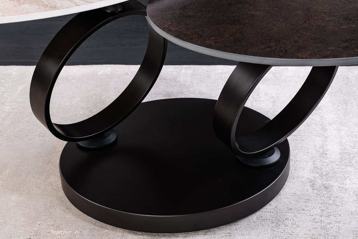 Couchtisch DANCING RINGS 80-135cm drehbare Keramikplatte Naturtravertin und Rostoptik