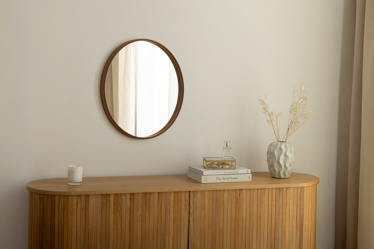 Wall mirrow PORTRAIT 70cm round walnut wood veneered