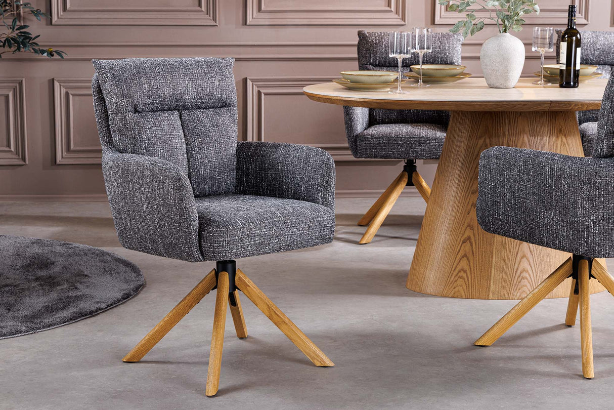 Swivel chair BIG GEORGE 360° auto return textured fabric grey w/ oak wood frame