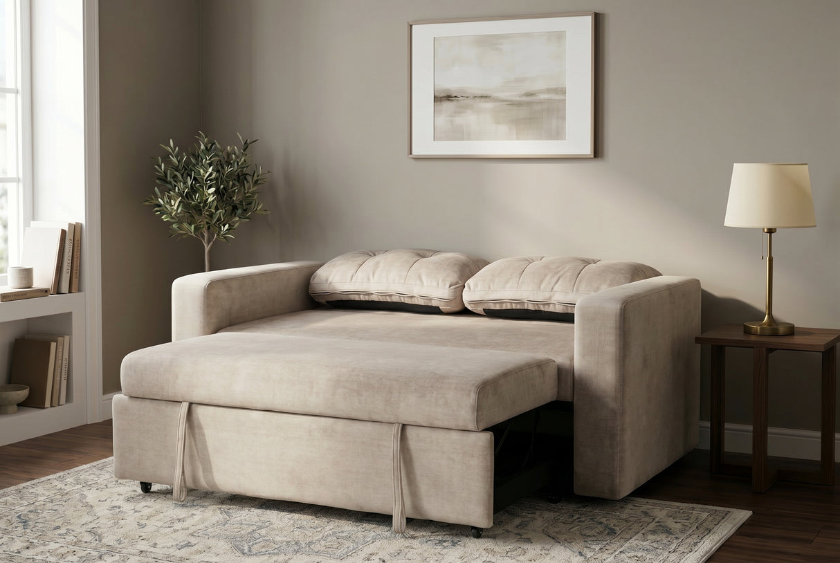 Sofa bed SMART 140cm 2-seater velvet champagne beige