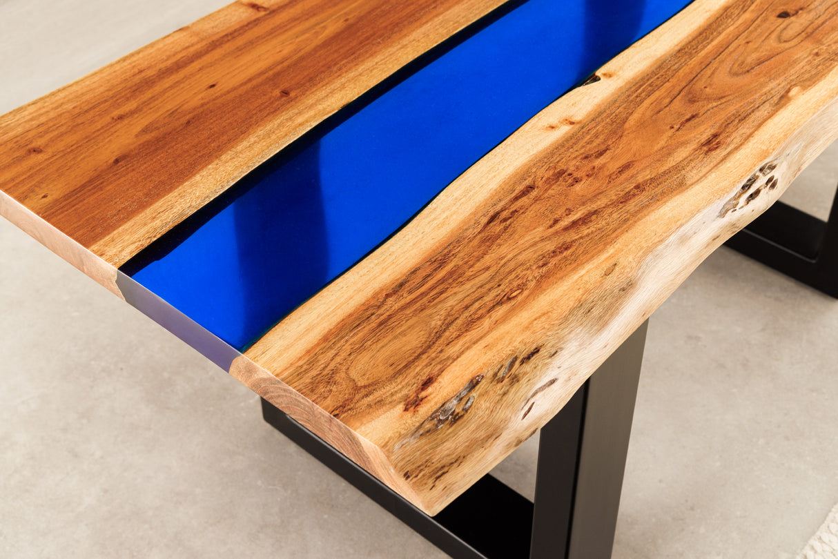 Coffee table LIQUID 110cm acacia wood blue epoxy strip