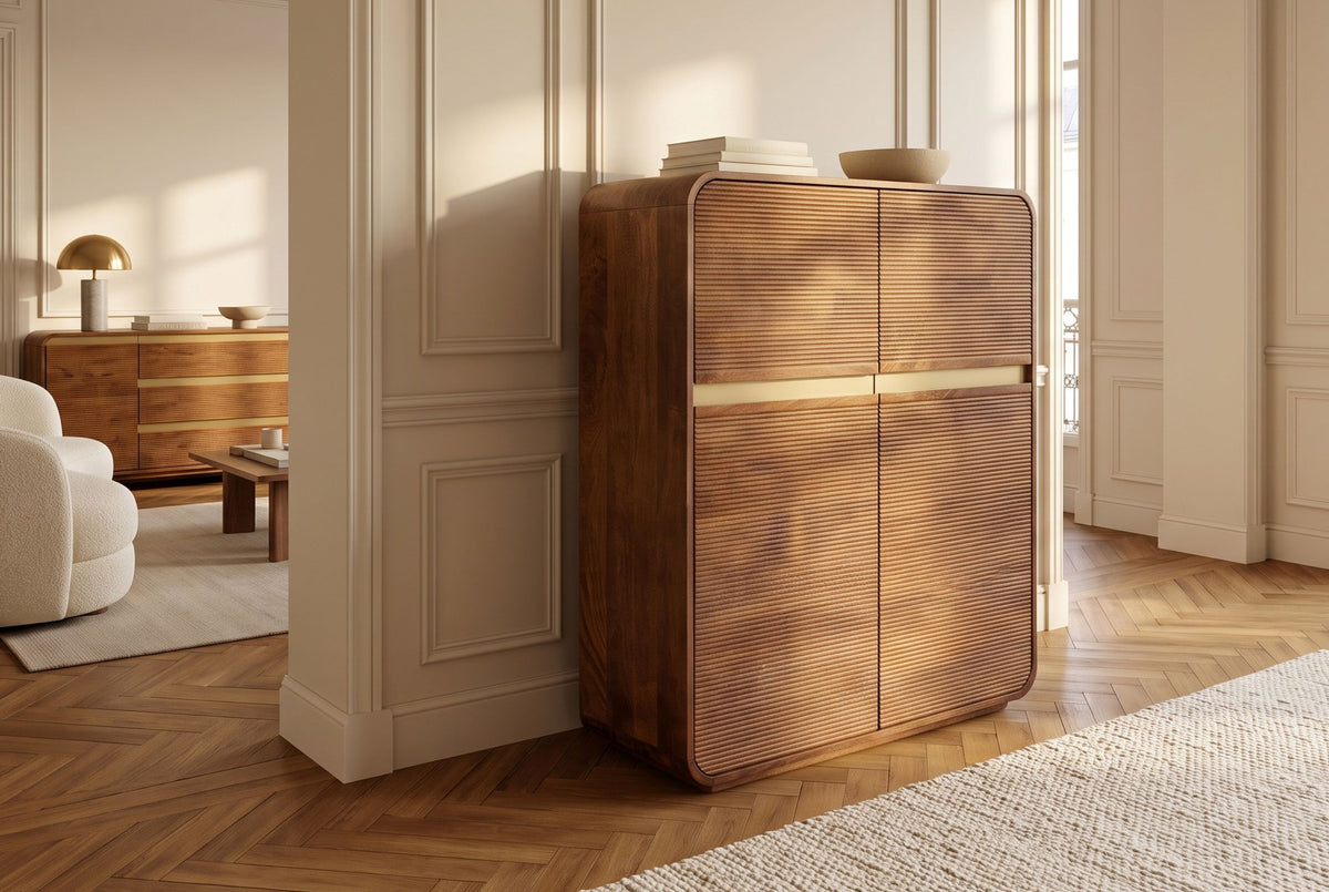 Highboard MONZA 120cm fluted front rounded edges mango wood brown w/ gold details