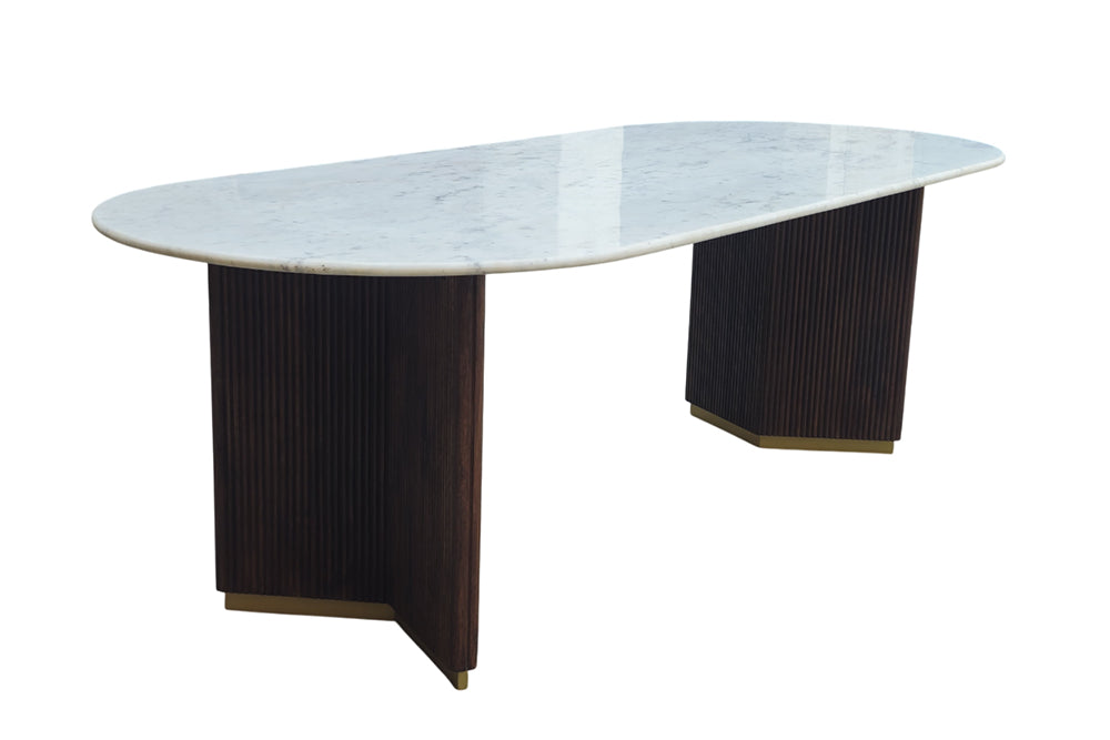 Dining table GATSBY 240cm oval mango wood v-shape frame marble top white