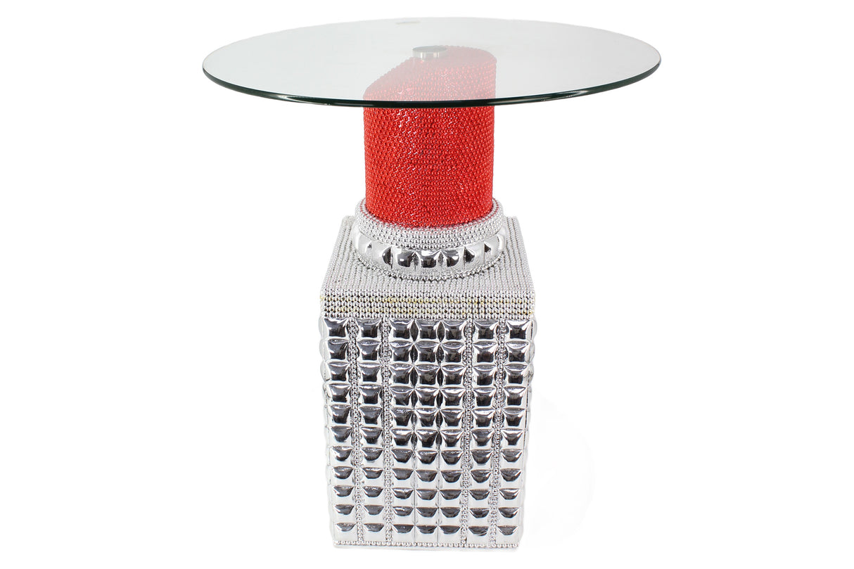Bistro table LIPSTICK 75cm round w/ tempered glass red silver