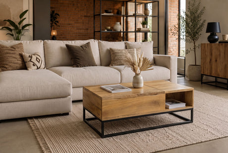 Coffee table MAKASSAR FUNCTION 110cm height adjustable mango wood natural creamy w/ storage space