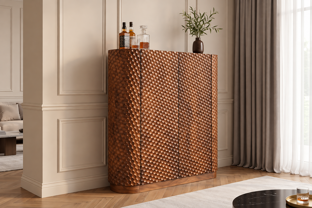 Bar cabinet ADLON 140cm 3D textured front rounded edges mango wood natural w/ wine rack